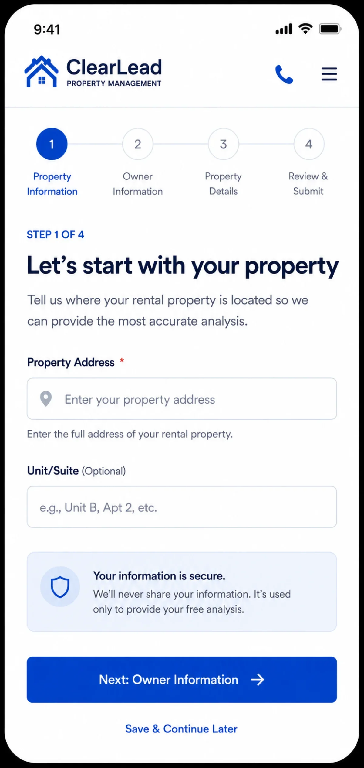 Multi-step owner intake form on a mobile screen, step 1 of 4.