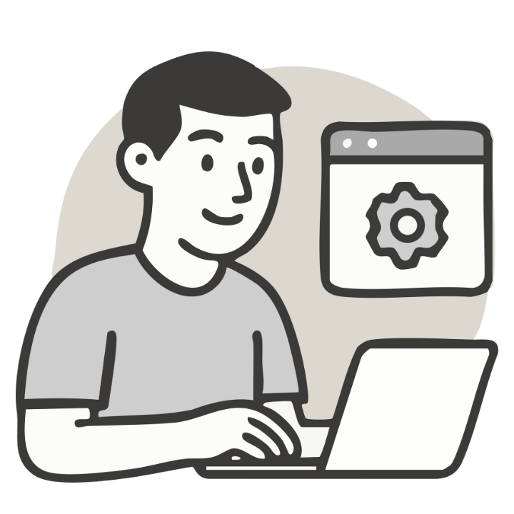 Illustration of a person using a laptop with settings icon on a screen in the background.