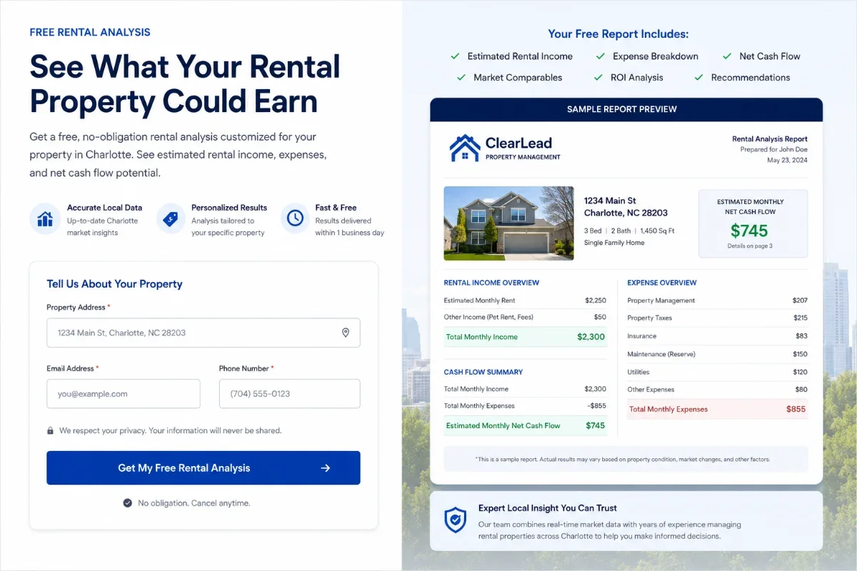 Free Rental Analysis form: address input + email + phone, with sample report preview.