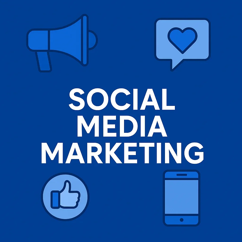 Social media marketing icons including megaphone, heart, like, and smartphone