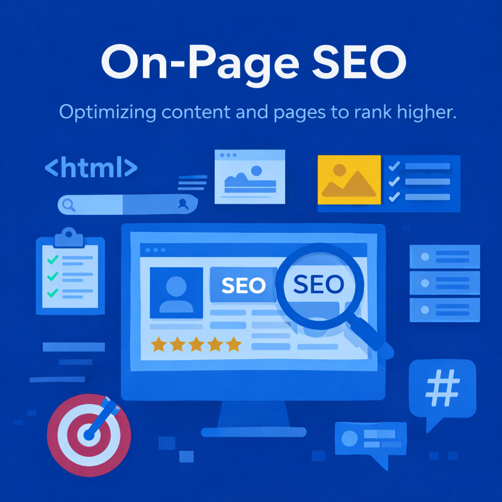 A graphic with a blue background illustrating on-page SEO, including icons of a magnifying glass over a webpage, search bar, images, checklists, target, and social media symbols, emphasizing content optimization and higher search rankings.