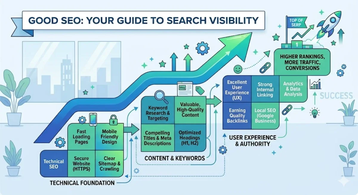 Infographic titled 'GOOD SEO: YOUR GUIDE TO SEARCH VISIBILITY' detailing technical foundation, content, keywords, and user experience for higher rankings.