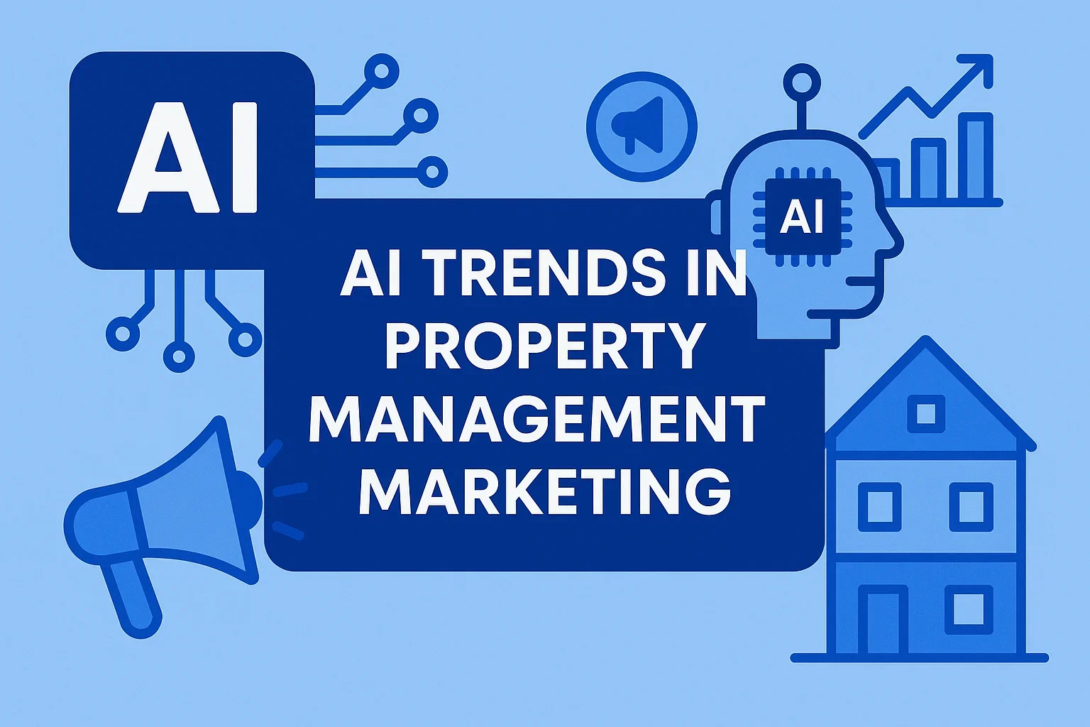 AI trends in property management marketing illustration with icons of artificial intelligence, data analytics, and housing.