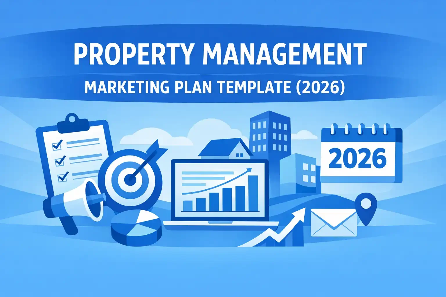Flat blue vector illustration of marketing tools, analytics dashboard, and calendar representing a 2026 property management marketing plan template.