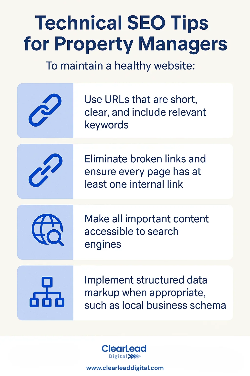 Infographic listing four technical SEO tips for property managers, including using short URLs with keywords, eliminating broken links, ensuring content is accessible to search engines, and applying structured data markup like local business schema.