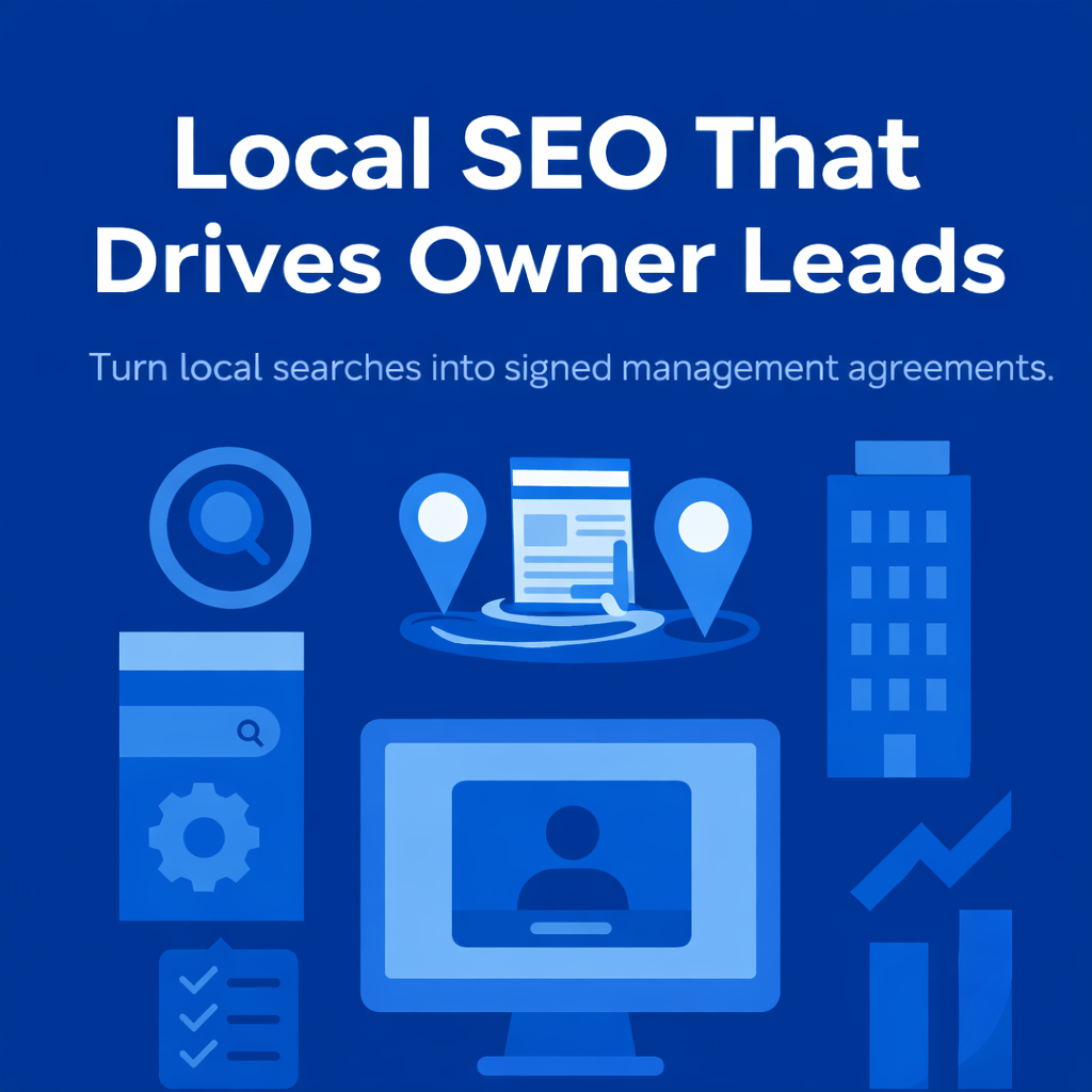 Blue promotional graphic for local SEO services featuring icons of a magnifying glass, location markers, a document, a building, a gear, a checklist, a computer screen with a person’s profile, and a bar graph.