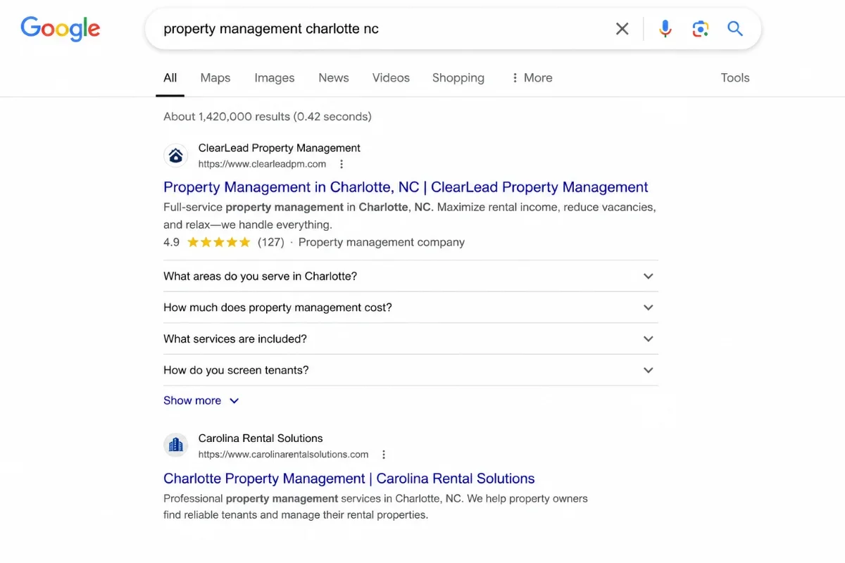 Google SERP showing a PM website with FAQ rich results and star ratings — versus a competitor with a plain blue link.