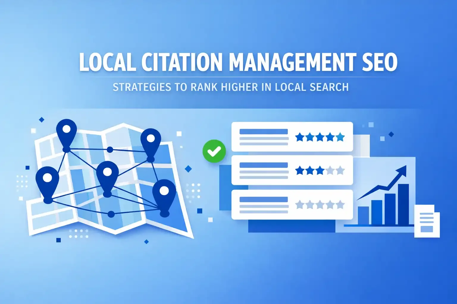 Flat vector illustration of local SEO citation network with map pins, listings dashboard, and ranking growth chart.