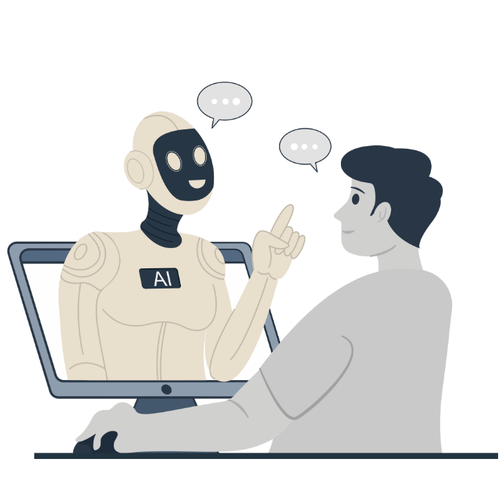 A person is talking to a robot with a screen displaying its face, which appears to be smiling and gesturing with one finger raised, in a computer-based conversation.