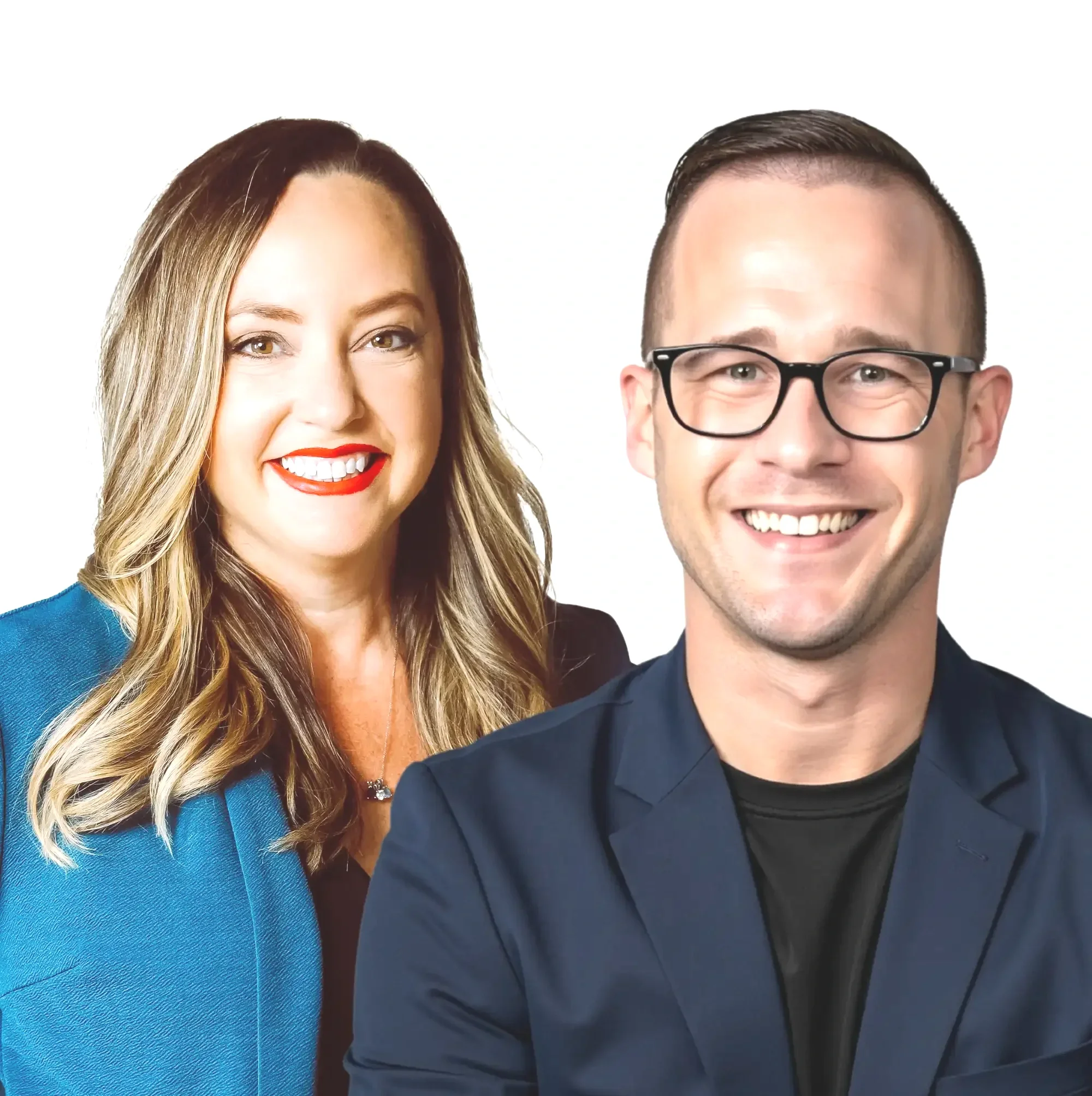 Alex Zweydoff and Lacy Hendricks business partners smiling against a white background, wearing modern business attire, representing the founders of a digital marketing company focused on property management growth.