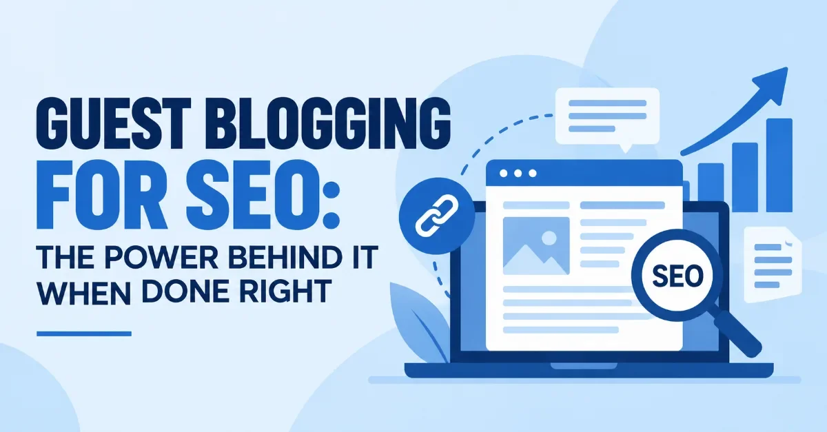 Guest blogging for SEO illustration with laptop, link icon, SEO magnifying glass, bar chart with arrow, and speech bubble representing strategy.