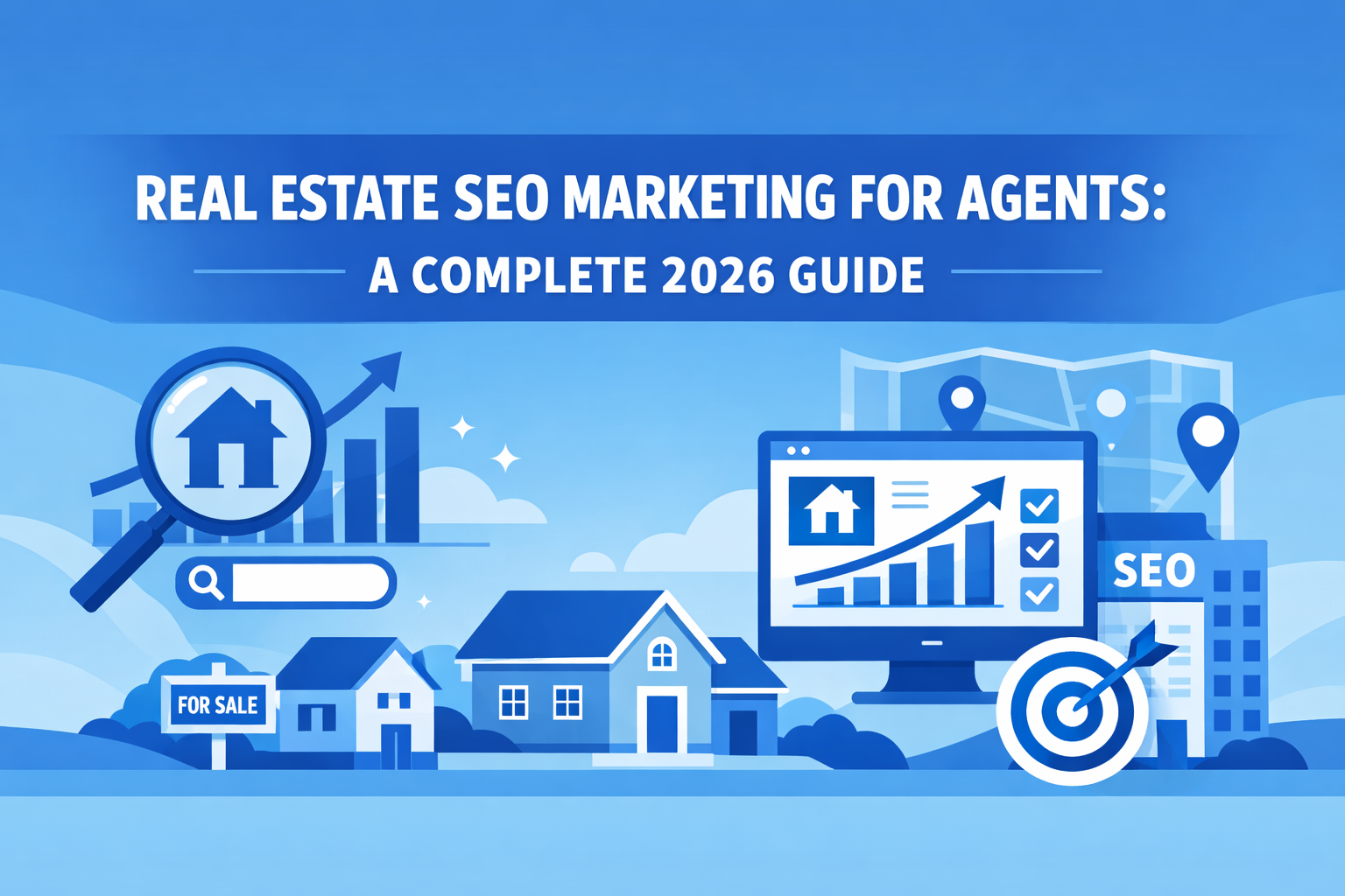 Modern blue real estate SEO header featuring bold white title text with a magnifying glass over a house, analytics charts, a laptop dashboard, location pins, and property icons.