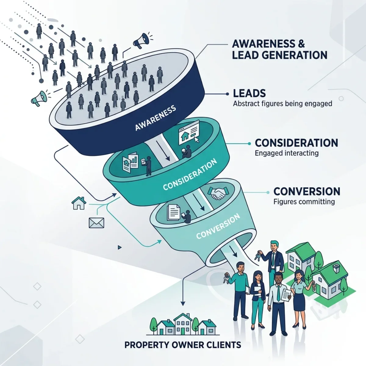 A visual representation of a real estate sales funnel with three stages: Awareness, Consideration, and Conversion.