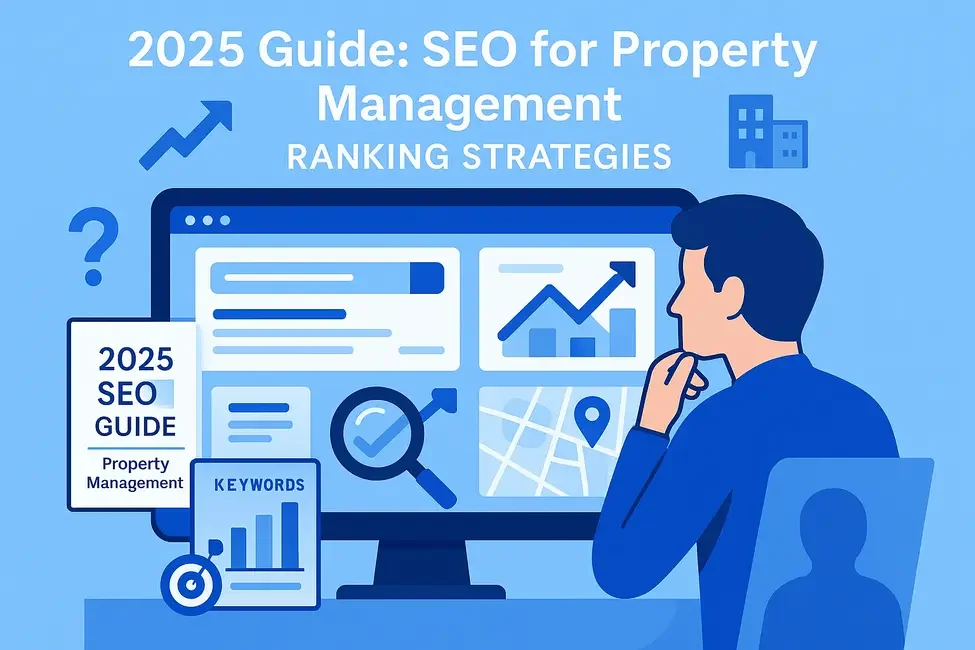 Cover page of a guide titled '2025 Guide: SEO for Property Management' with graphical elements including charts, graphs, and a person analyzing data on a computer screen, emphasizing ranking strategies for property management SEO.