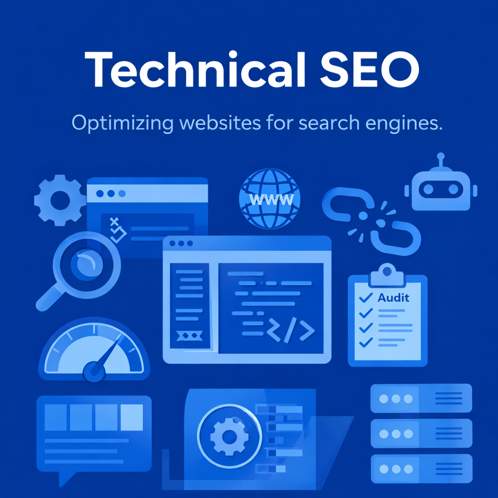 Blue graphic about technical SEO with icons of a magnifying glass, web pages, globe with WWW, robot, links, audit checklist, speedometer, servers, and coding elements.