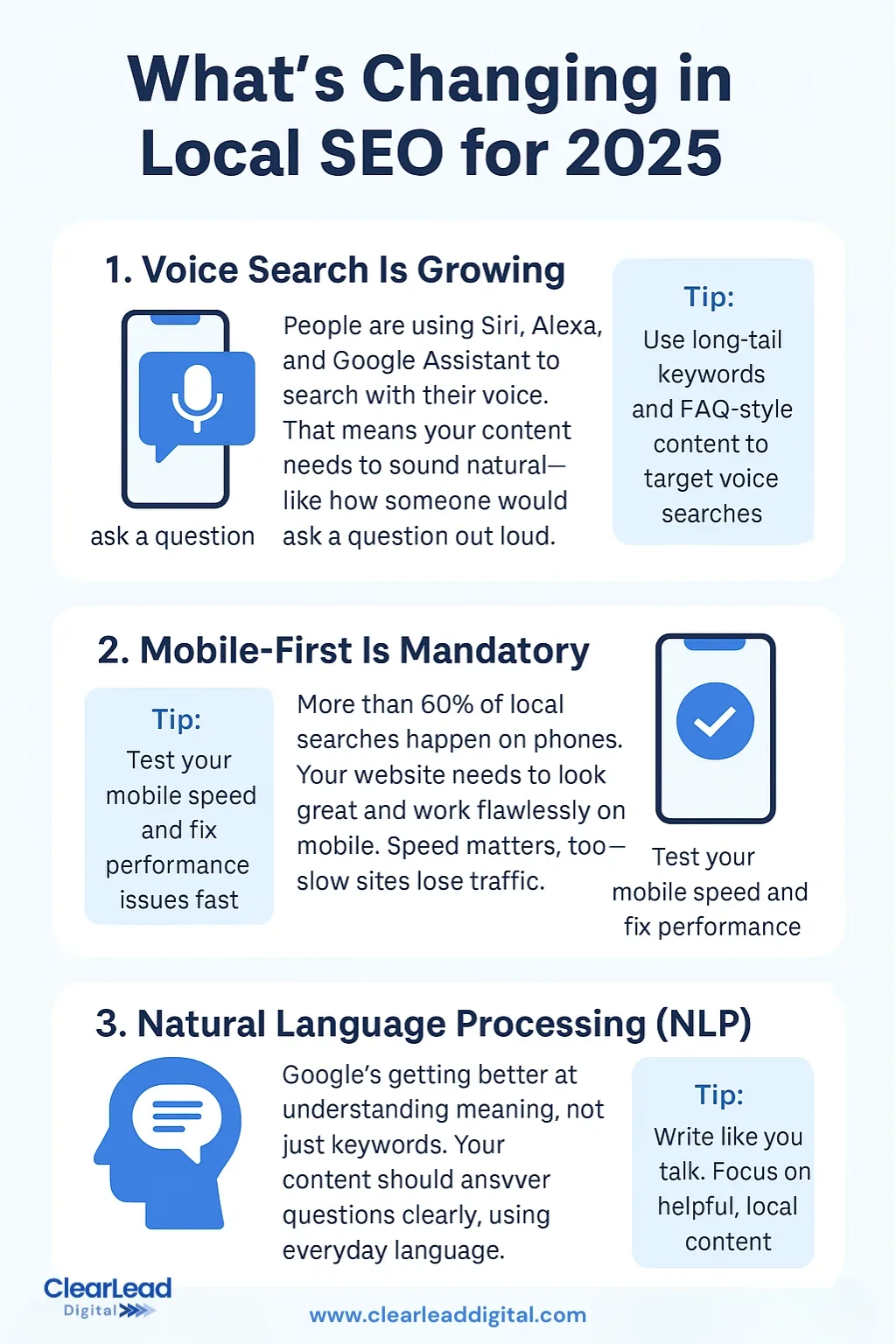 Infographic highlighting 2025 local SEO changes: voice search growth, mobile-first indexing, and natural language processing.