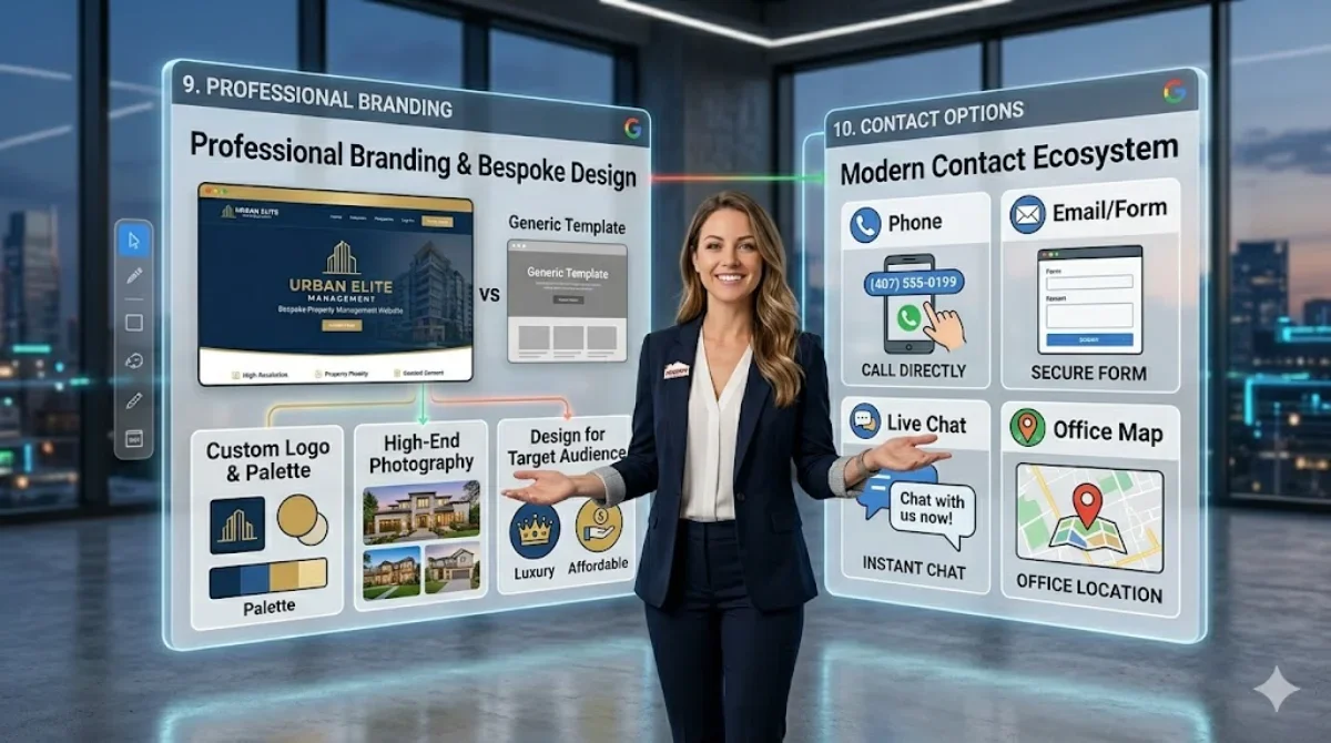 A professional woman presenting digital boards for property management website design and branding design with contact ecosystem.