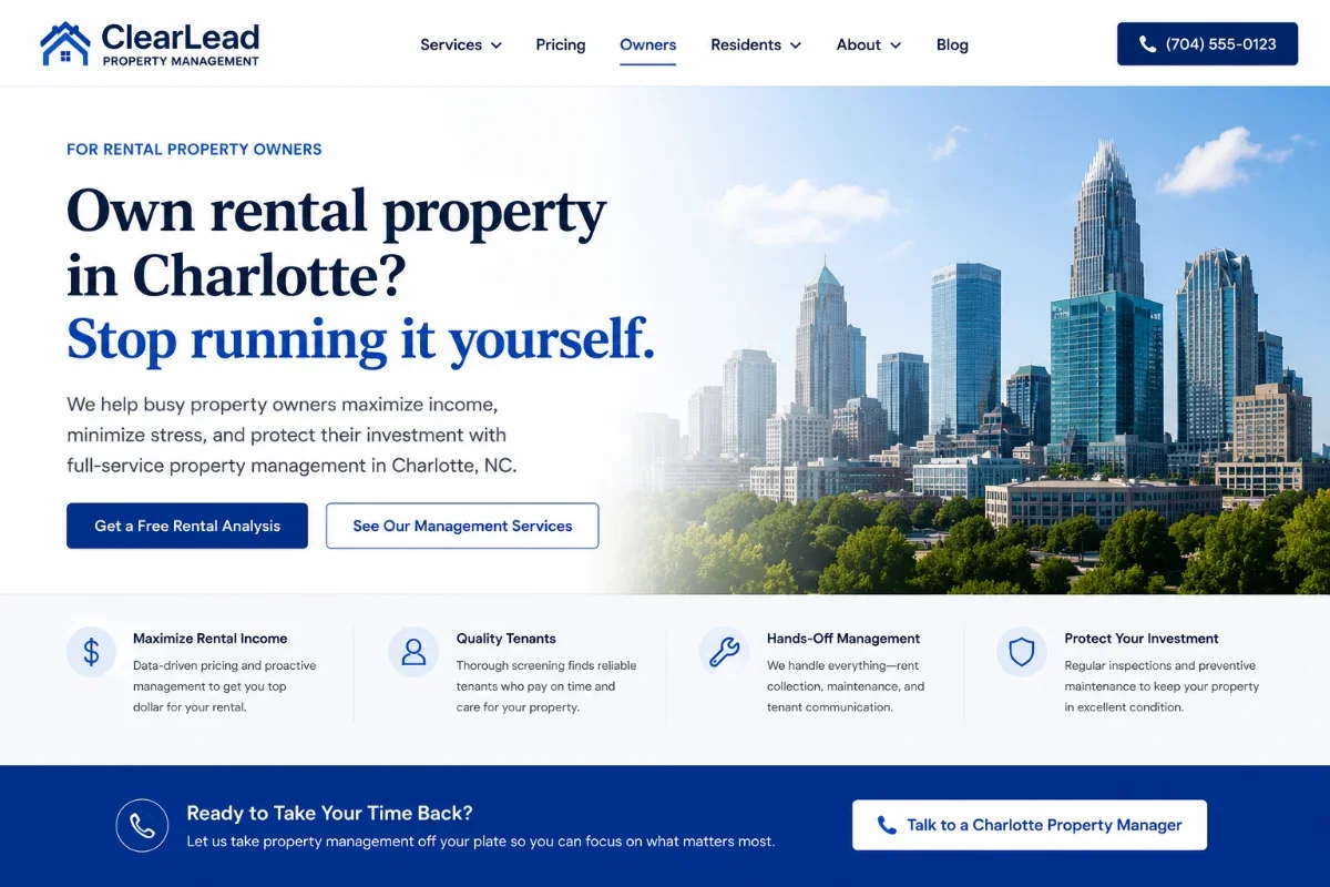 Dedicated owners landing page hero: 'Own rental property in Charlotte? Stop running it yourself.'