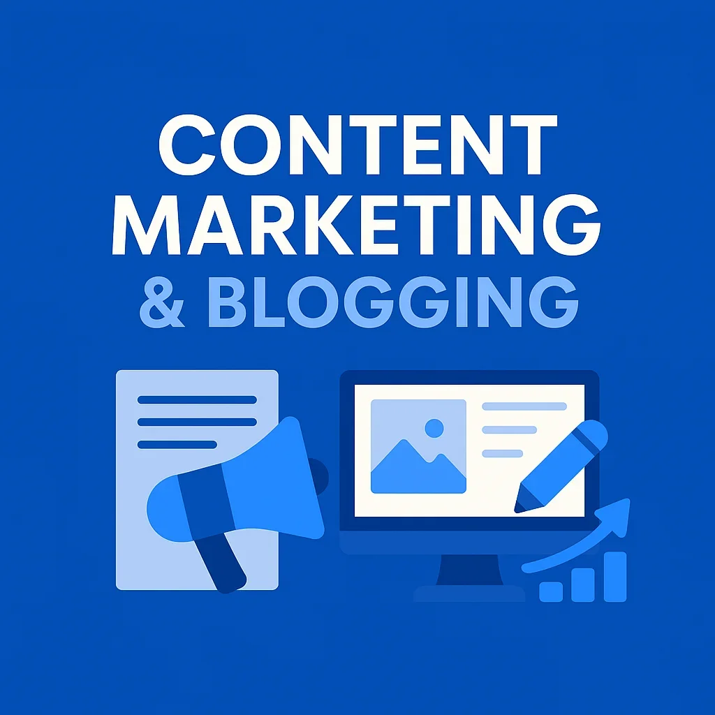 Content marketing and blogging illustration with megaphone, documents, and computer screen