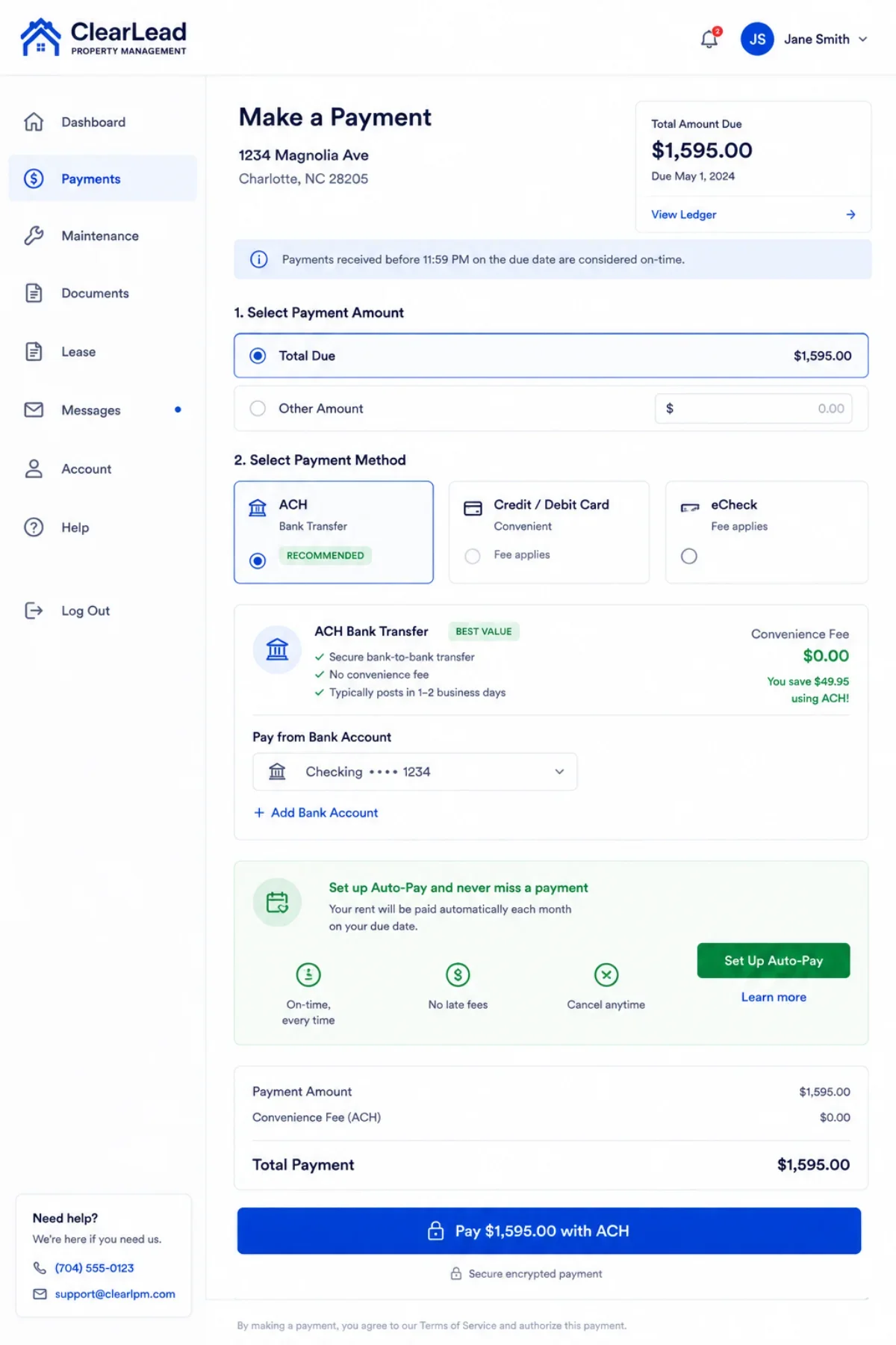 Tenant portal payment screen with ACH selected, $0 fee, and 'Set up Auto-Pay' offer.