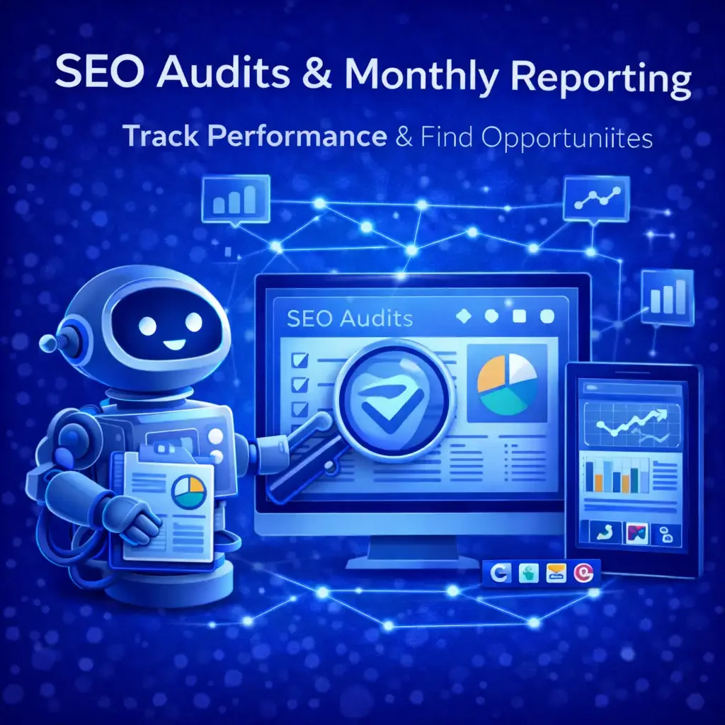 A digital illustration promoting SEO audits and monthly reporting, featuring a friendly robot holding a report, surrounded by screens displaying graphs and charts, with interconnected lines and icons representing data analysis and performance tracking.