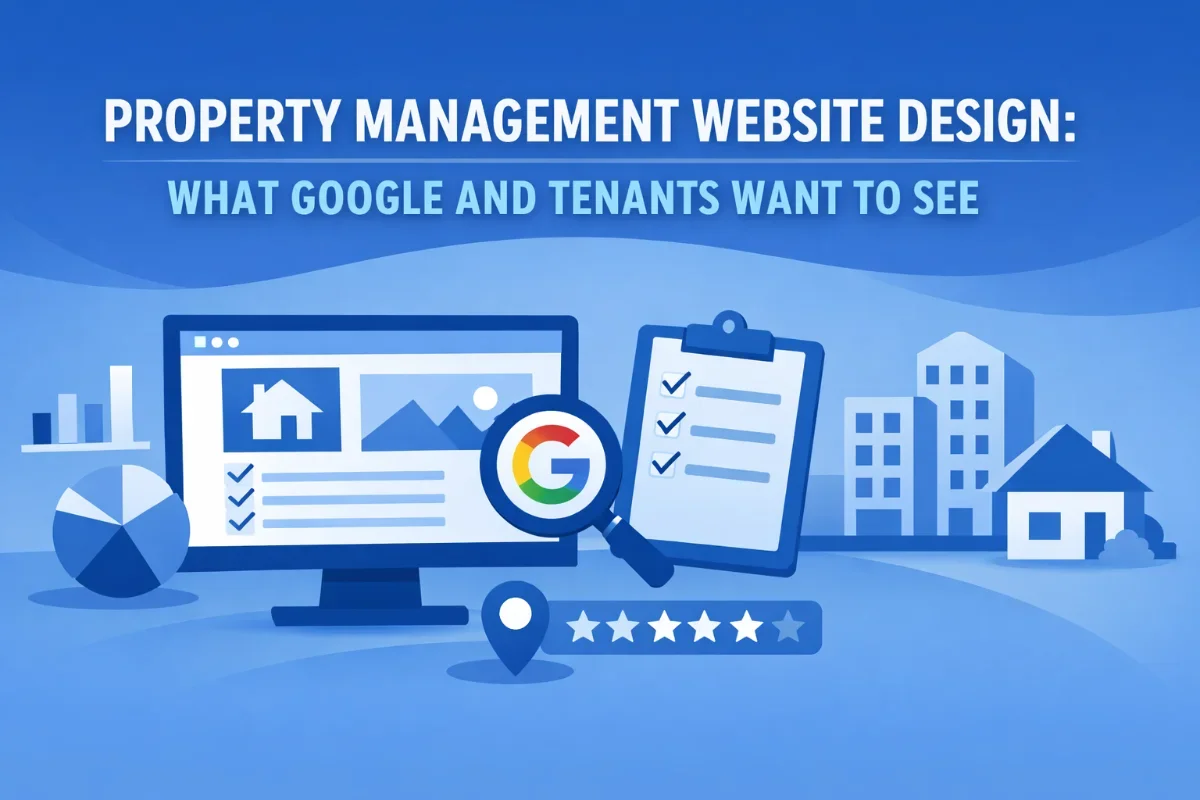 Illustration showing property management website design elements with Google search and tenant focus.
