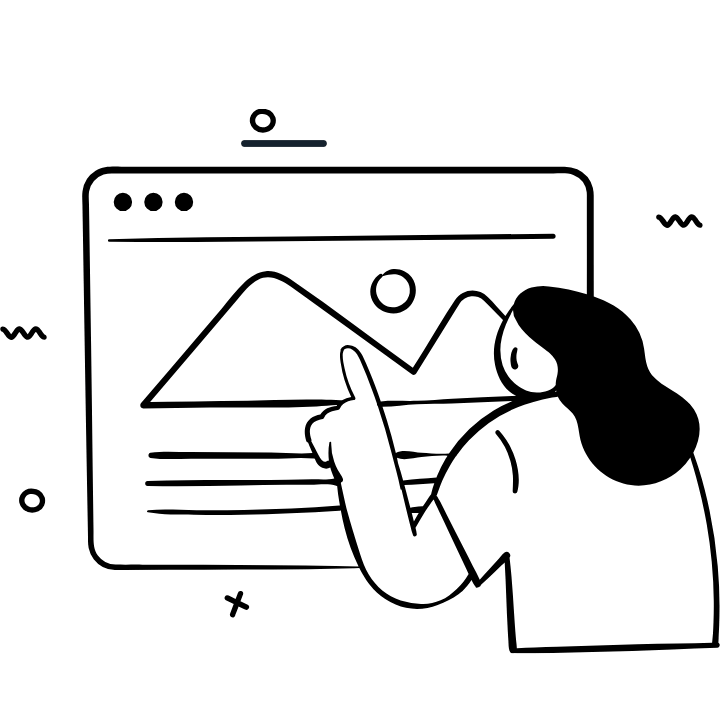 Black and white illustration of a person interacting with a digital screen displaying a photo gallery or webpage with a mountain landscape and sun.