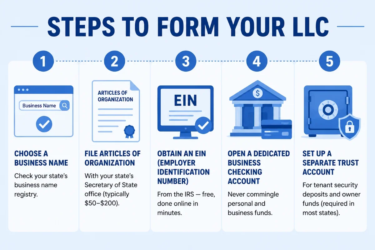 An infographic outlining five steps to form an LLC: Choose a Business Name, File Articles of Organization, Obtain an EIN, Open a Dedicated Business Checking Account, and Set Up a Separate Trust Account.