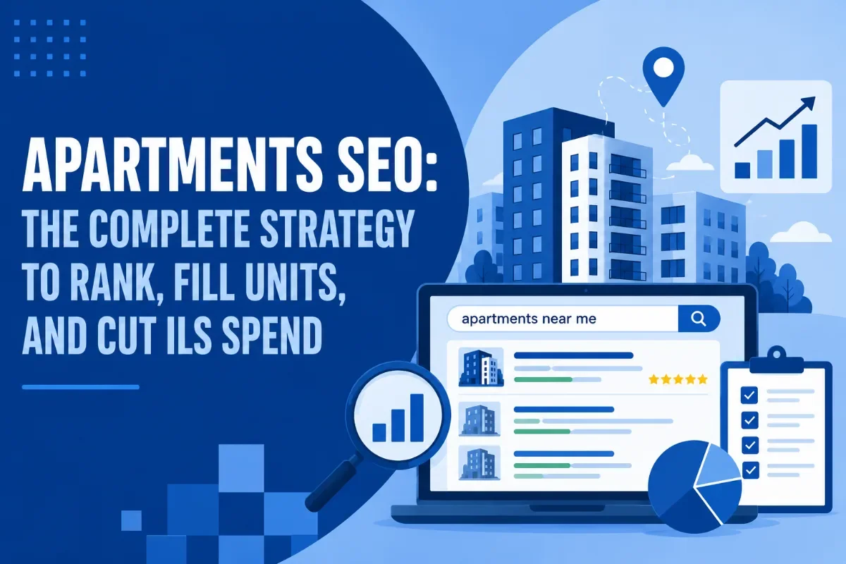 Illustration of apartment SEO with apartment buildings, search results, analytics, and ranking icons representing strategies to increase visibility and occupancy.