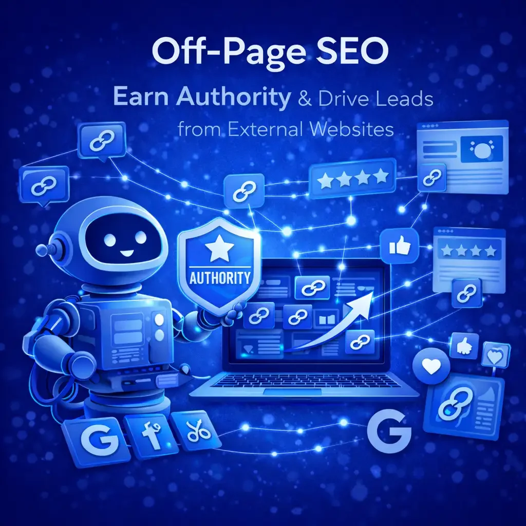 Digital graphic illustrating off-page SEO concepts with a robot holding a shield labeled "Authority," surrounded by icons of links, social media, reviews, and web analytics, highlighting earning authority and driving leads from external websites.