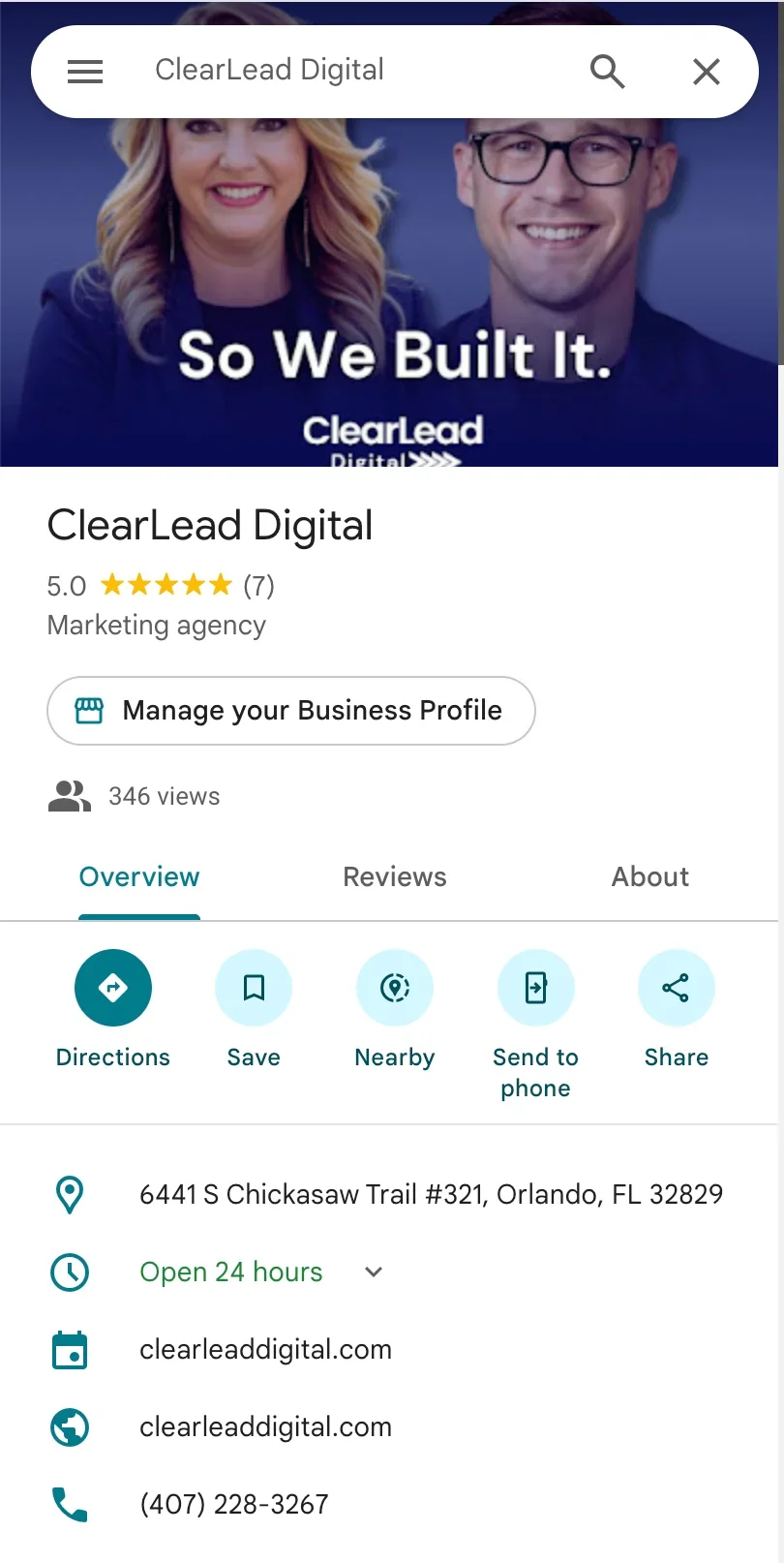 ClearLead Digital Google Business Profile example showing consistent name, address, phone, location, and website details
