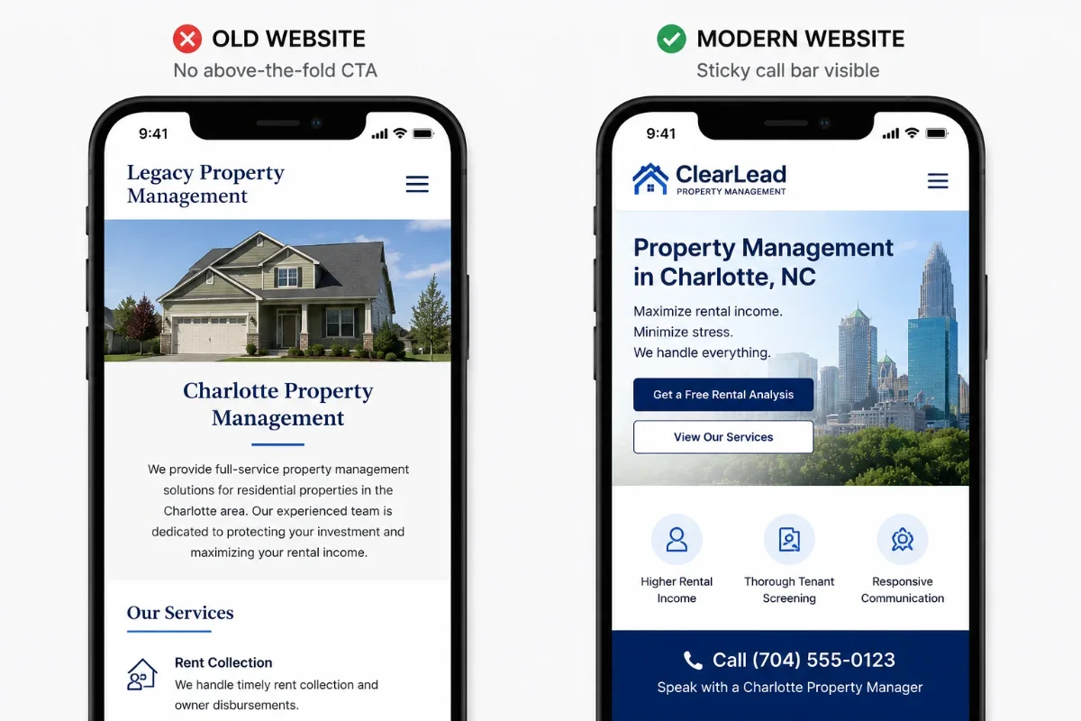 Side-by-side mobile screens: 'old' PM site with no above-the-fold CTA, vs modern site with sticky call bar.