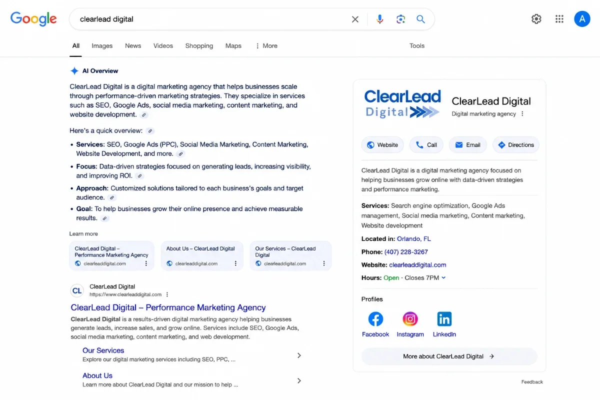 Screenshot of Google search results for ClearLead Digital, showing an AI Overview and a Google Business Profile.