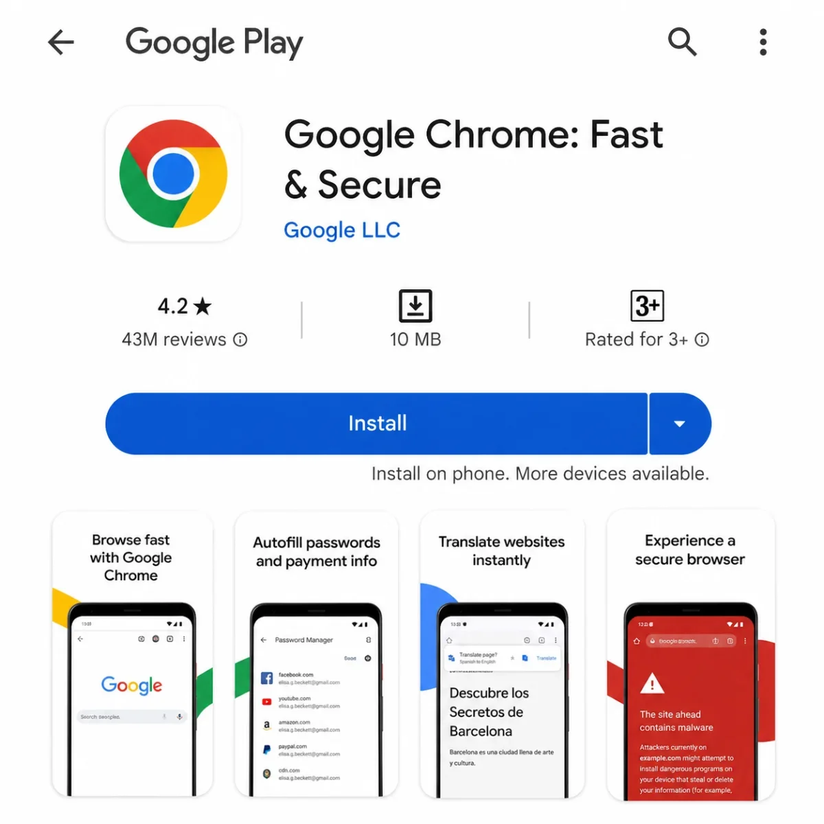 A screenshot of the Google Chrome app page on the Google Play Store showing the install button, 4.2-star rating, and feature highlights.