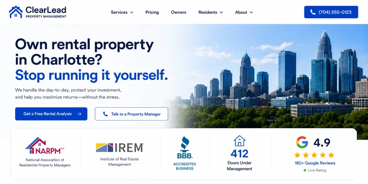 Below-hero trust strip with NARPM, IREM, BBB, '412 doors,' and a live Google star rating.
