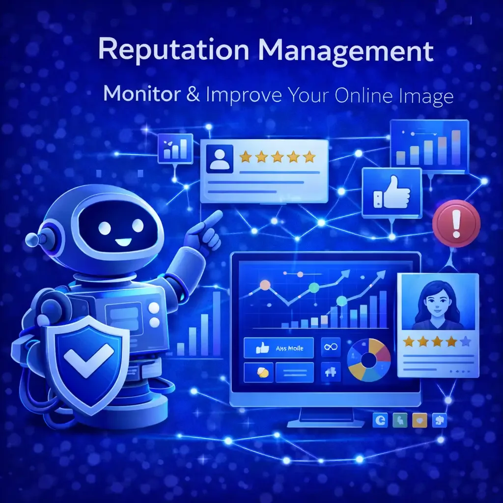 A digital illustration of a robot holding a shield with a checkmark, pointing at a network of icons including charts, a thumbs-up, star ratings, and profile images, all related to reputation management and online image monitoring.