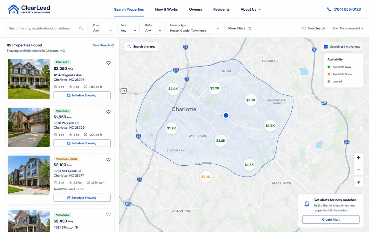 Map-view property search with filters, live availability tags, and inline 'Schedule Showing.'