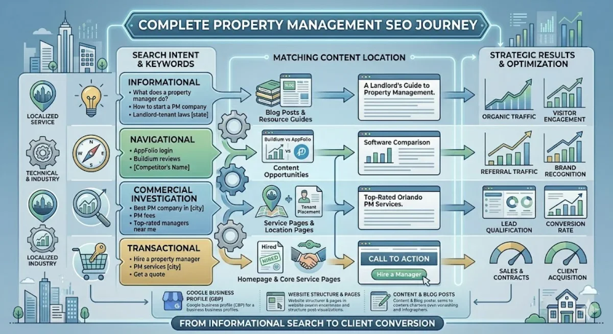 Infographic detailing the property management SEO journey, from keyword search intent to content matching and strategic results.