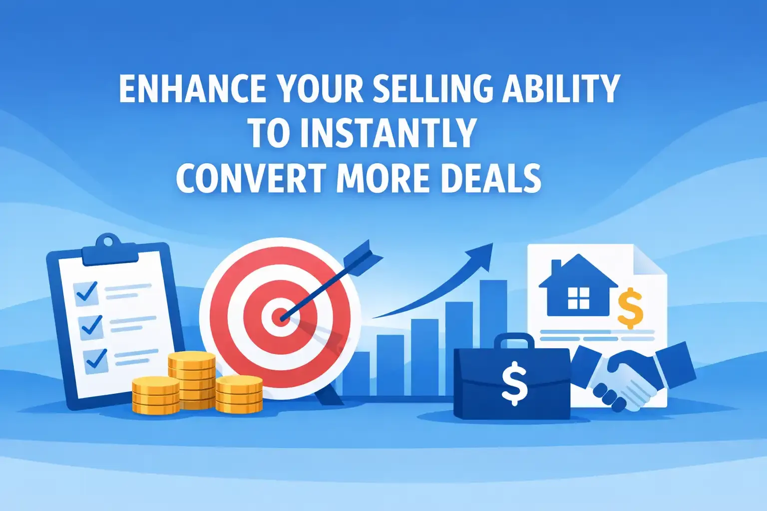 Blue blog header with bold title text and vector icons showing a checklist, target, rising chart, coins, contract, briefcase, and handshake.
