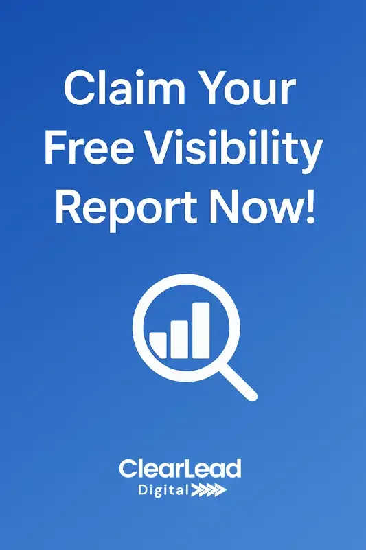 Vertical blue gradient graphic with the text “Claim Your Free Visibility Report Now!” in bold white Poppins font and a magnifying glass icon over a bar graph symbolizing SEO and analytics.