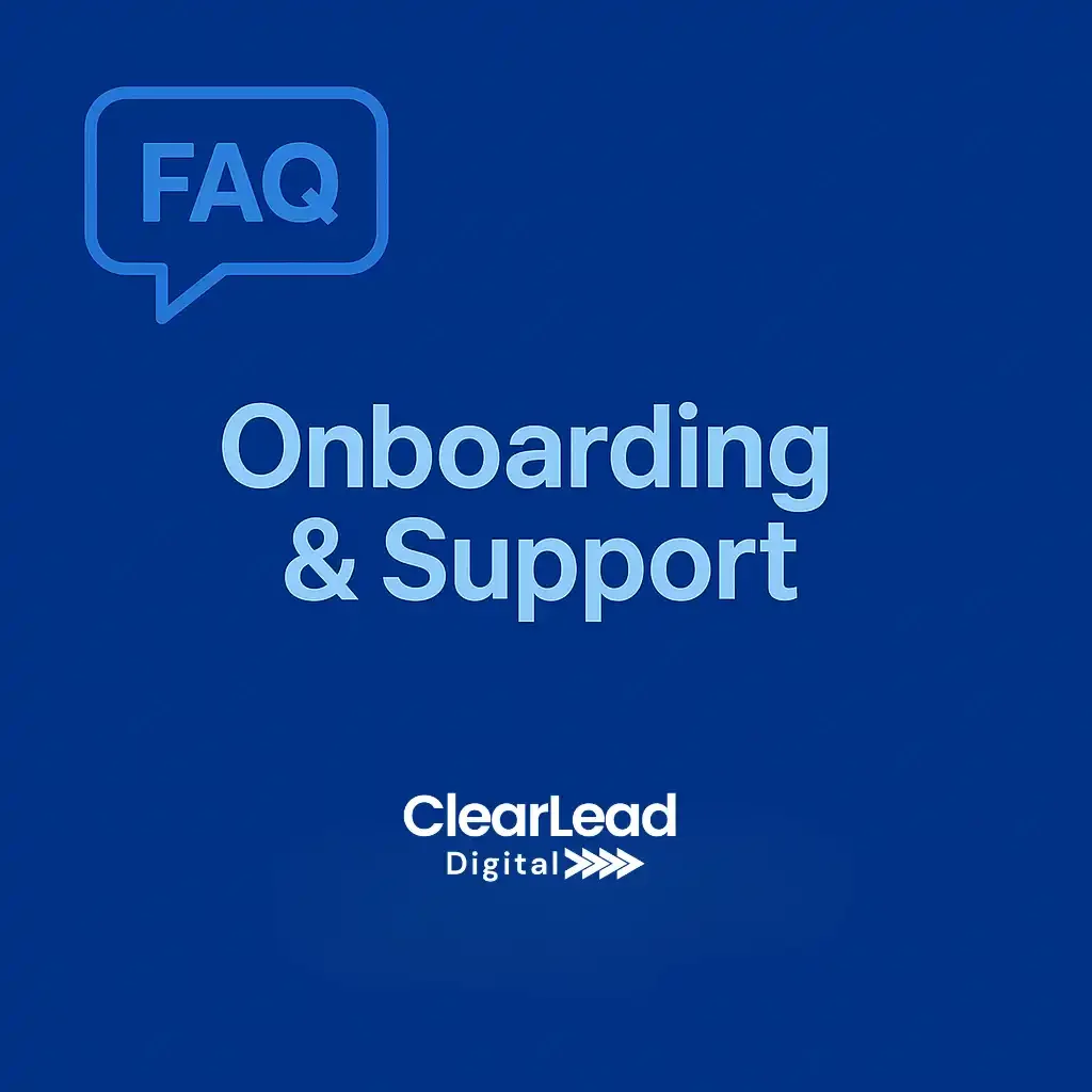 Digital guide titled 'Onboarding & Support' by ClearLead Digital with a FAQ icon in a speech bubble.