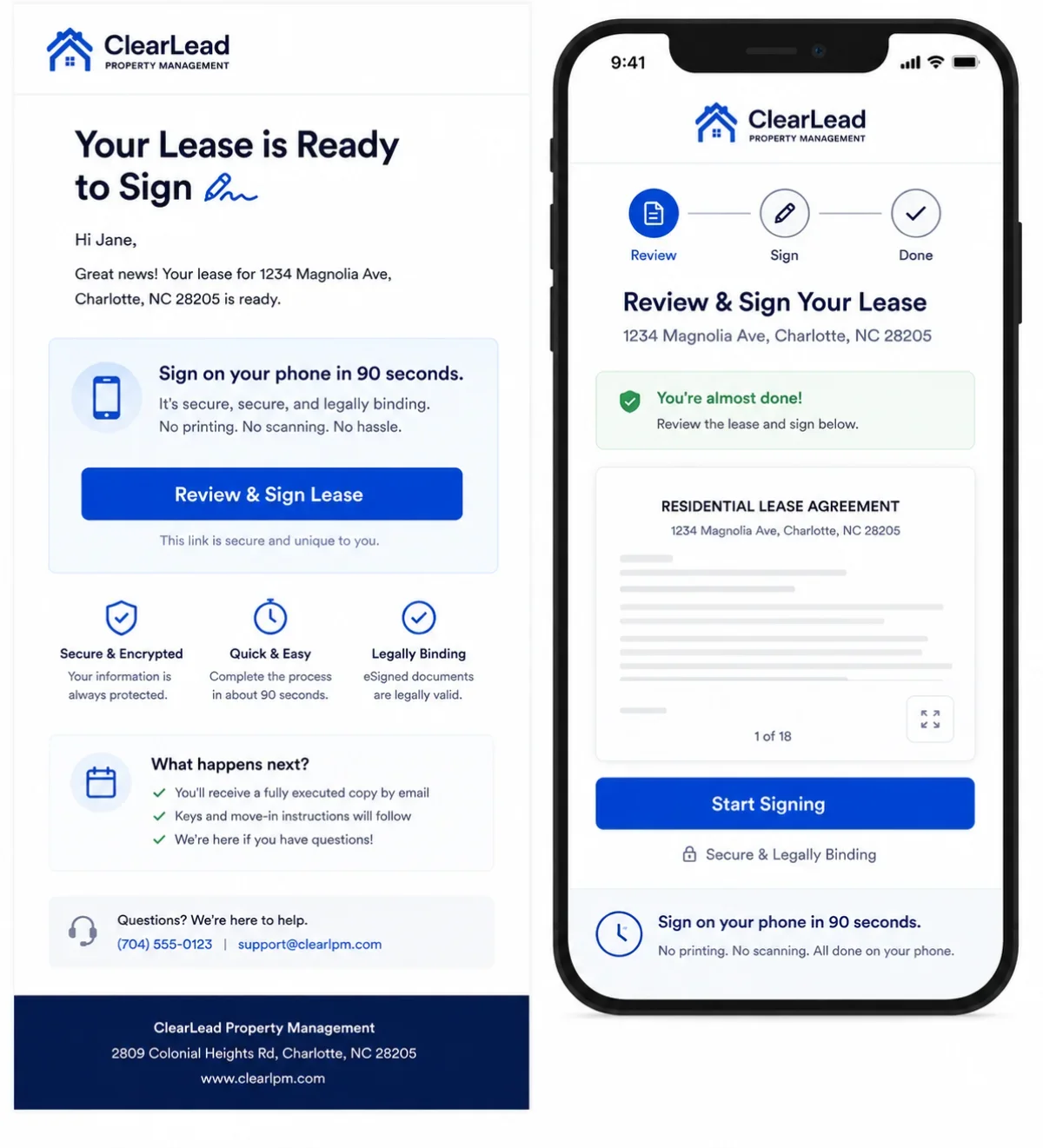 Lease signing email + mobile signing screen: 'Sign on your phone in 90 seconds.'