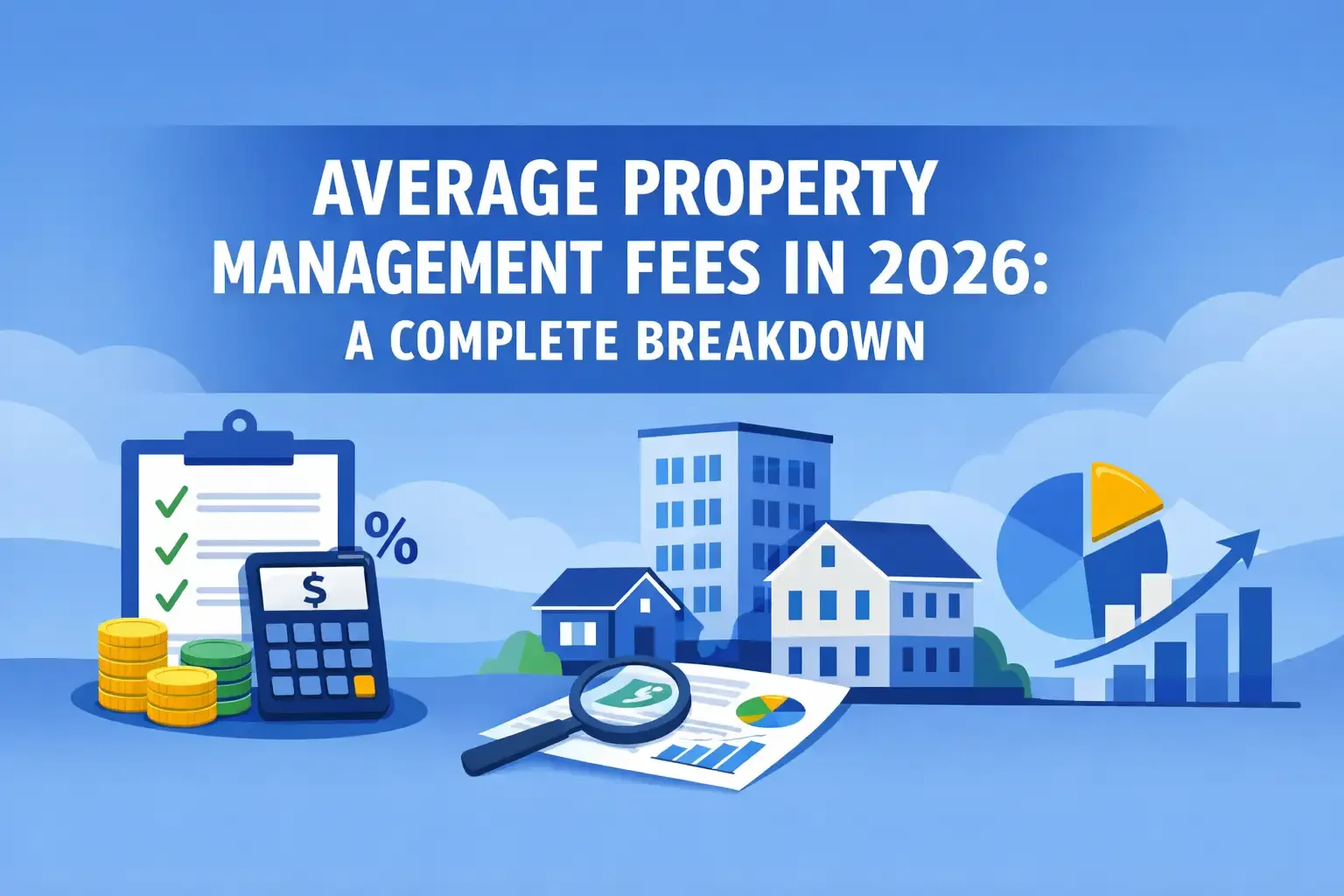 Flat blue illustration showing property buildings, calculator, checklist, and charts representing average property management fees in 2026.