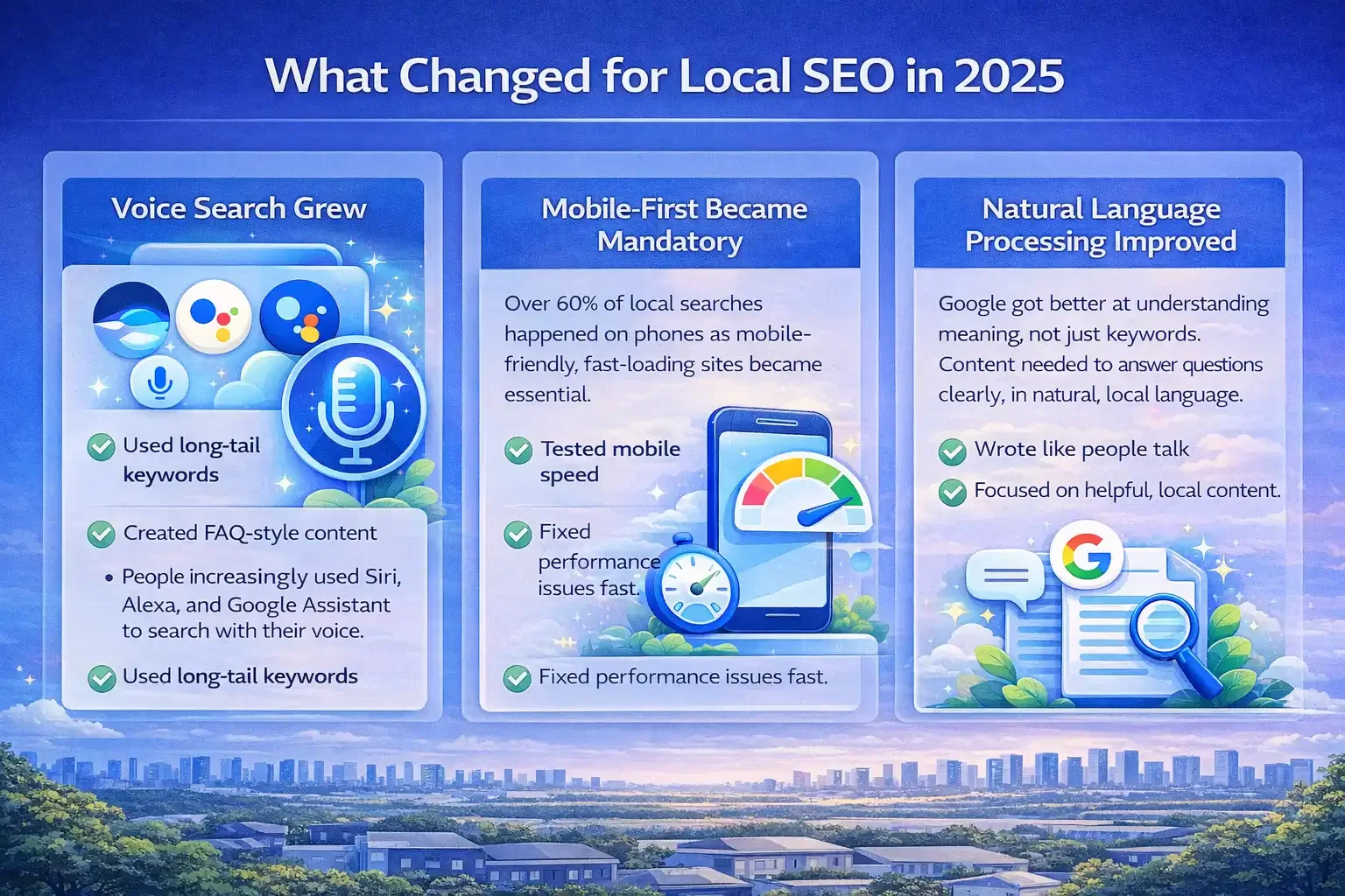 Rectangular infographic showing what changed for local SEO in 2025, including the growth of voice search, the shift to mobile-first requirements, and improvements in Google’s natural language processing.