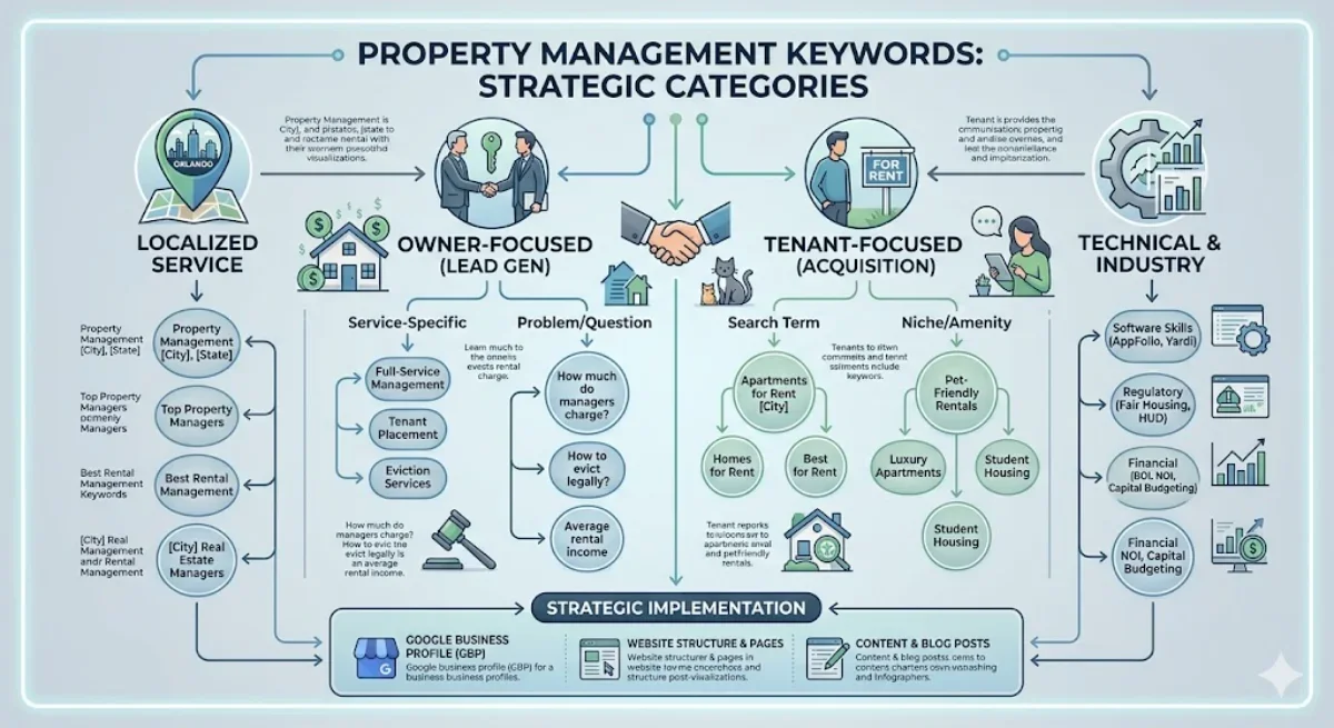 An infographic detailing strategic keyword categories for property management, including owner-focused lead generation and tenant acquisition.
