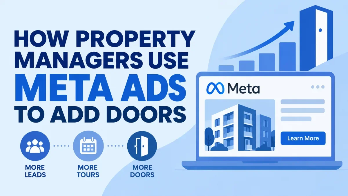 Infographic: How property managers use Meta Ads to generate more leads, tours, and doors, with a Meta ad on a laptop.