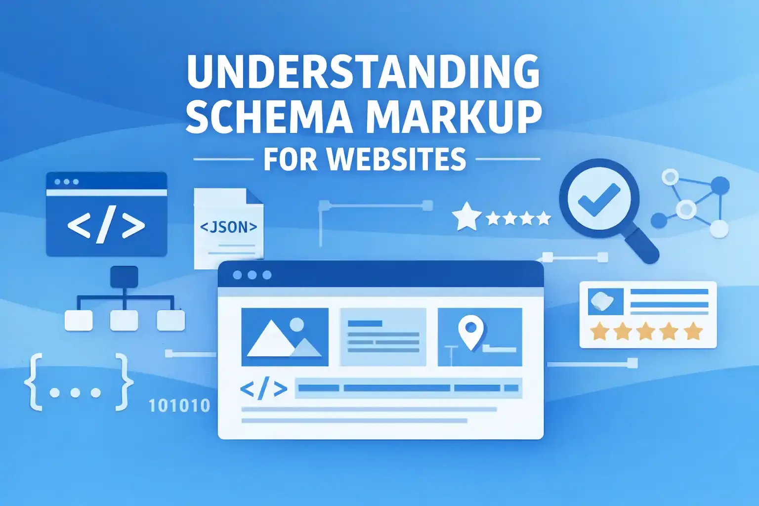 Illustration showing schema markup and structured data concepts for websites using code and search icons.