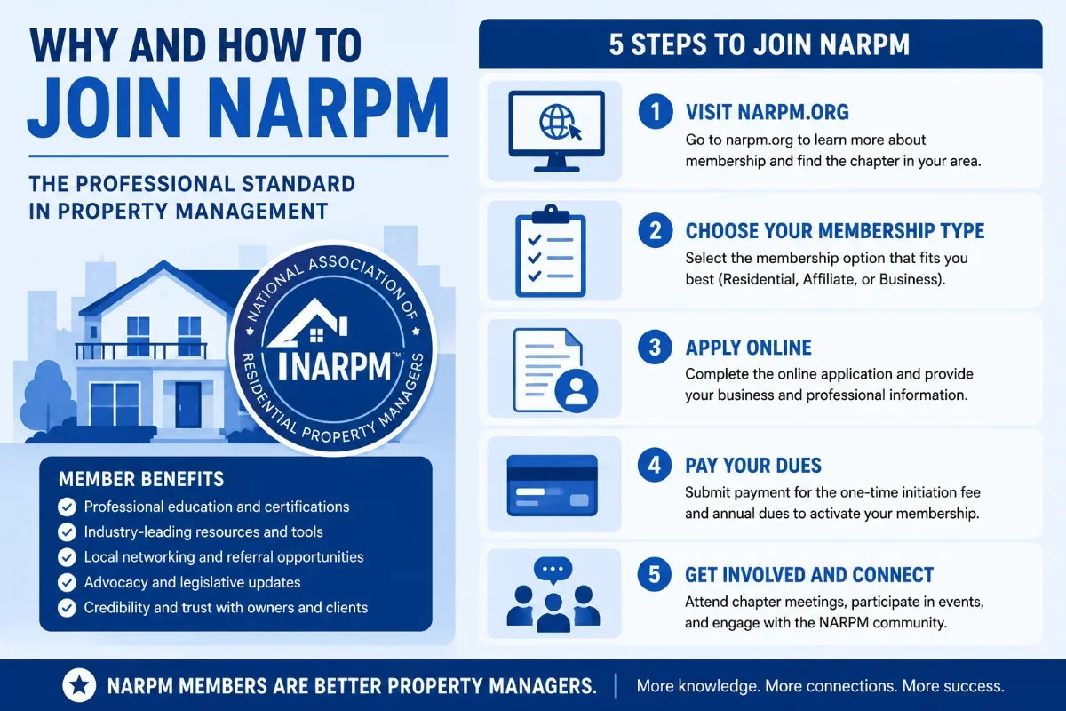 Infographic titled "Why and How to Join NARPM" outlining member benefits and the five-step process to become a member of the National Association of Residential Property Managers.