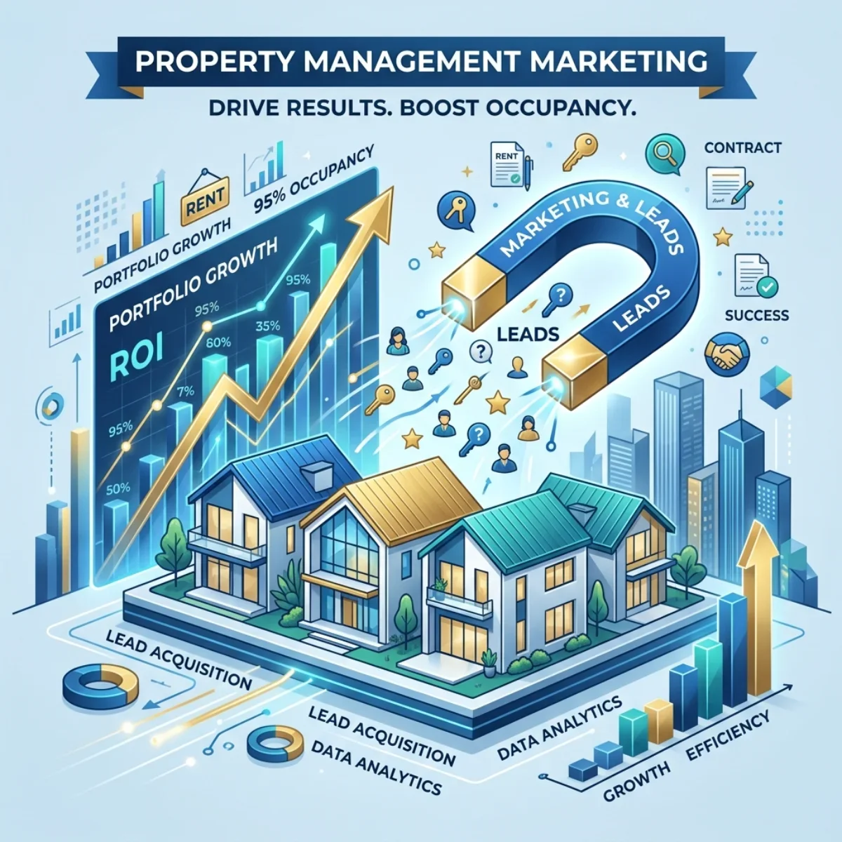 An infographic about property management marketing showing a magnet attracting leads and charts representing growth and occupancy.