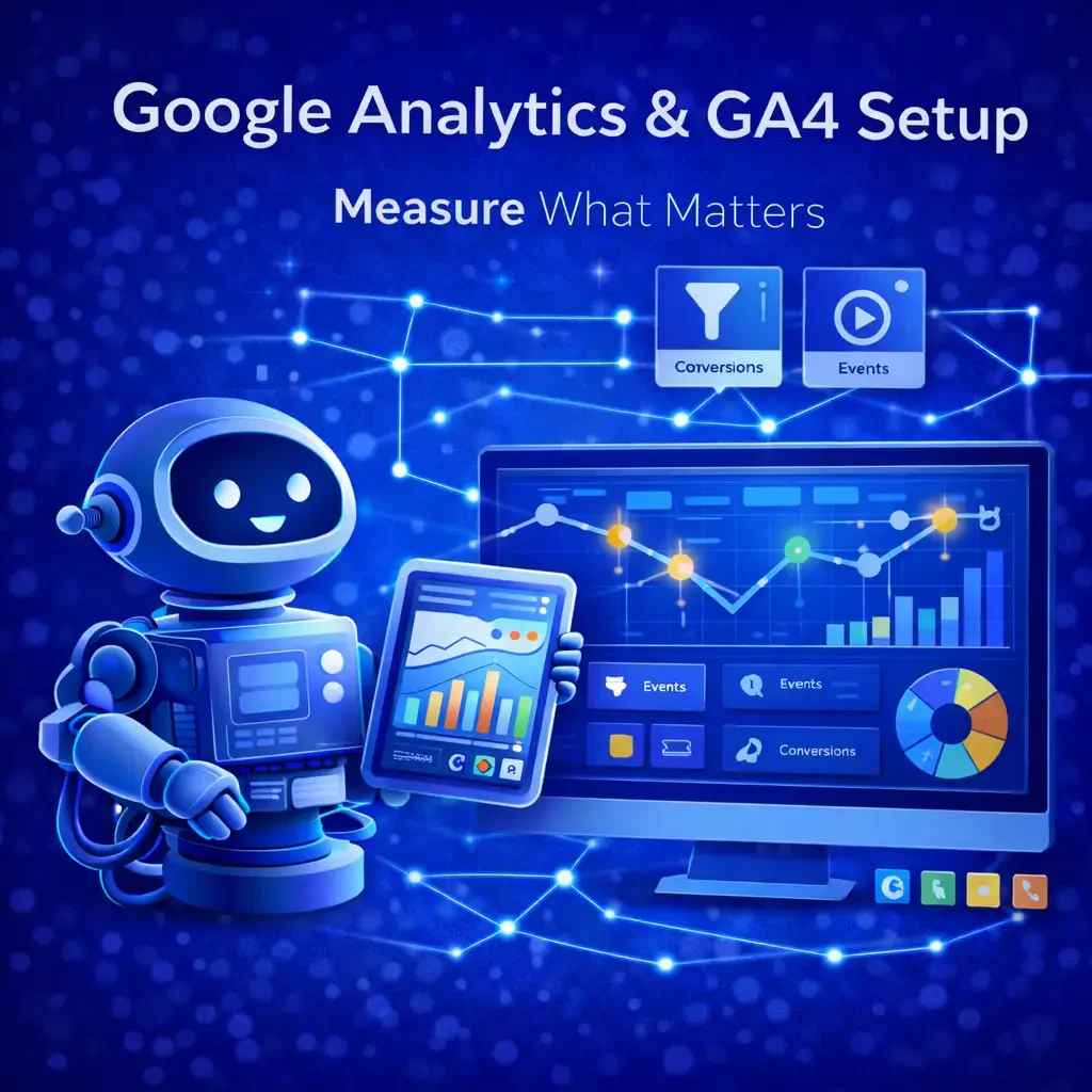 A digital graphic illustrating Google Analytics and GA4 setup, featuring a robot holding a tablet with graphs, a computer monitor displaying analytics data, and icons representing conversions and events, all set against a blue, high-tech background.